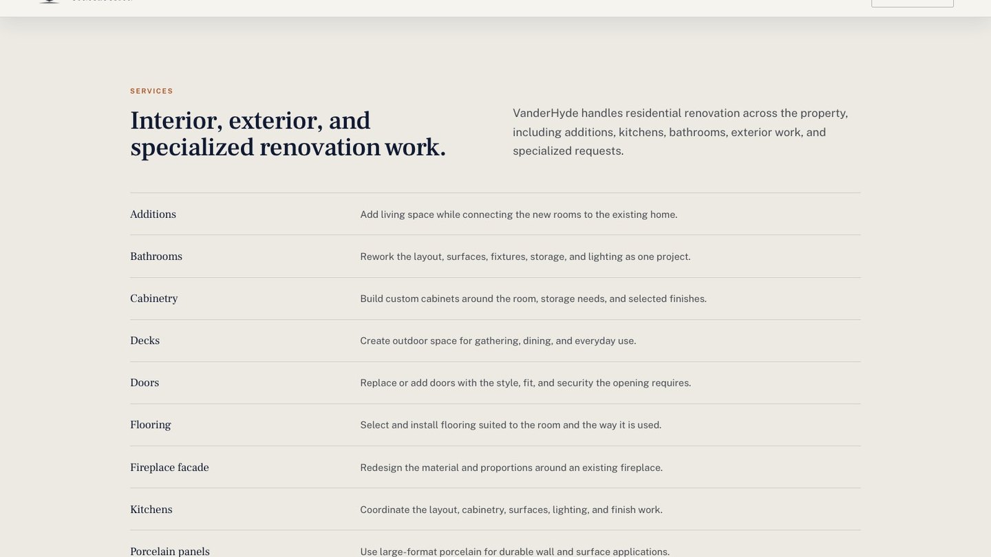 The services section of the new homepage